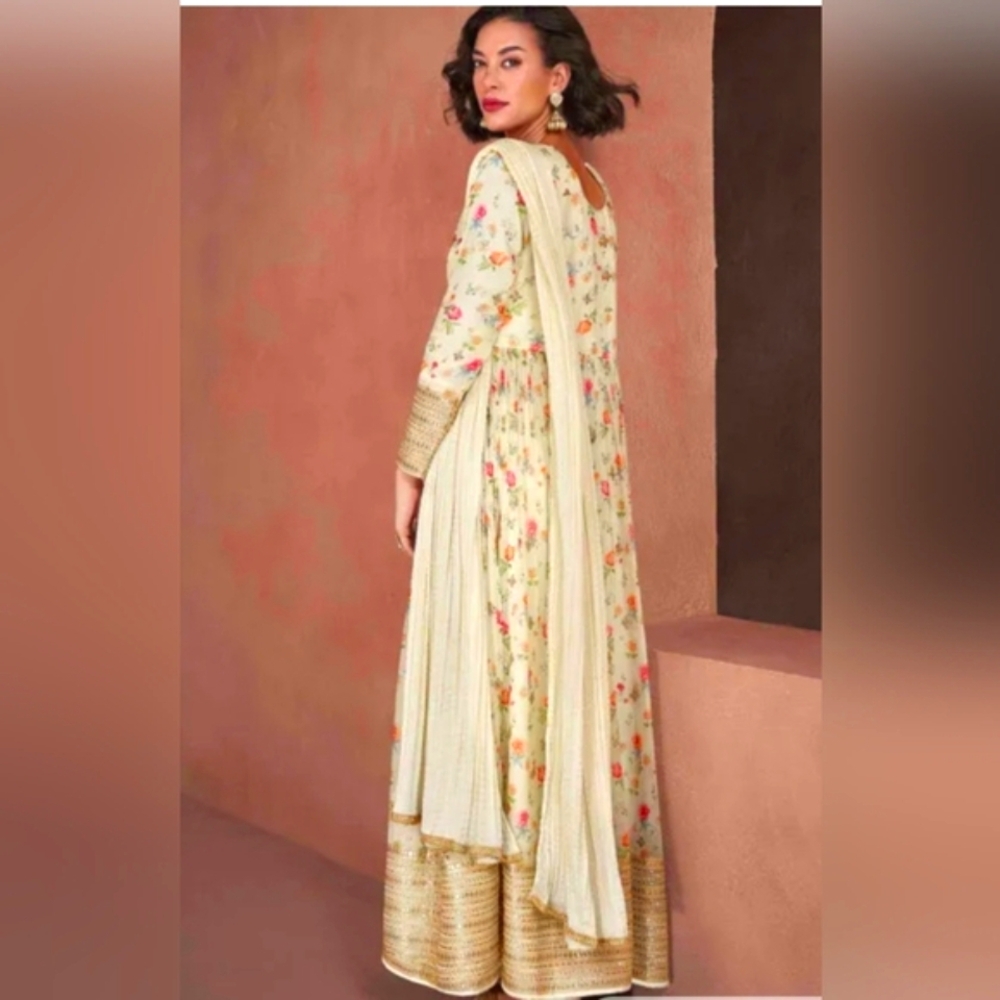 Floral Cream and Gold Anarkali Dress
